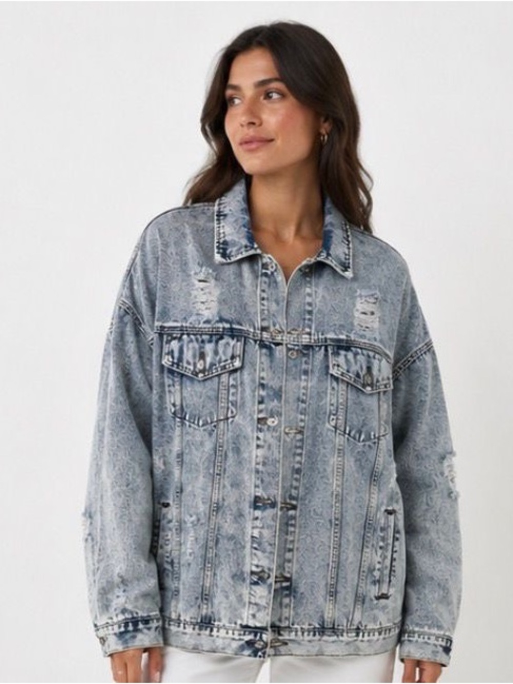 Light Acid-Wash Distressed Denim Jacket - Women